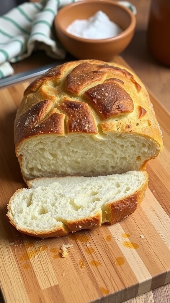 No Dutch Oven Sourdough Bread Recipe A rustic loaf of sourdough bread with a golden crust and soft interior, sliced on a wooden board.